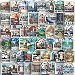 50pcs USA Landmarks Stickers - Waterproof, Reusable Architectural Pattern Decals made of PET - English Text - for Laptops, Phones, Water Bottles - Travel Decor, DIY Projects