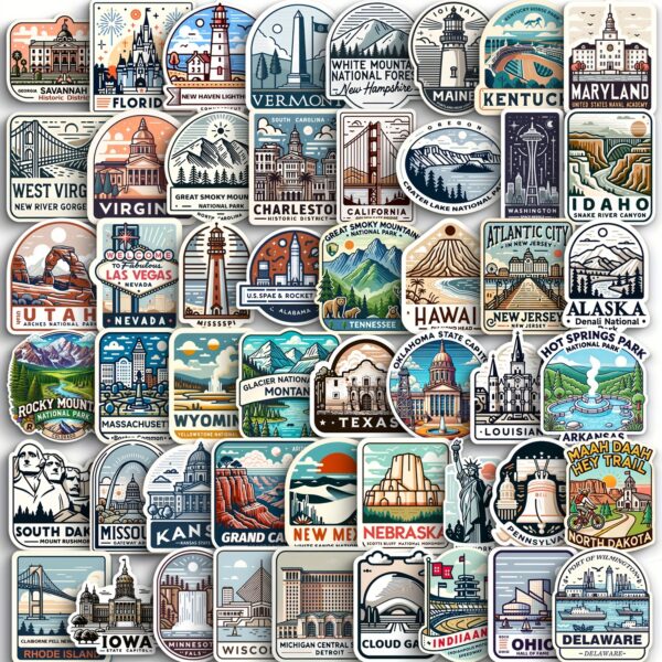 50pcs USA Landmarks Stickers - Waterproof, Reusable Architectural Pattern Decals made of PET - English Text - for Laptops, Phones, Water Bottles - Travel Decor, DIY Projects