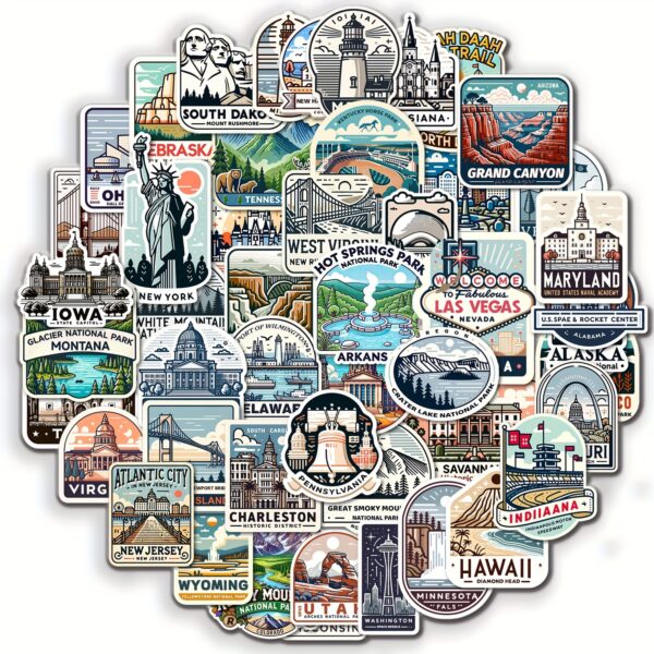 50pcs USA Landmarks Stickers - Waterproof, Reusable Architectural Pattern Decals made of PET - English Text - for Laptops, Phones, Water Bottles - Travel Decor, DIY Projects - Image 9