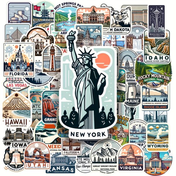 50pcs USA Landmarks Stickers - Waterproof, Reusable Architectural Pattern Decals made of PET - English Text - for Laptops, Phones, Water Bottles - Travel Decor, DIY Projects - Image 10